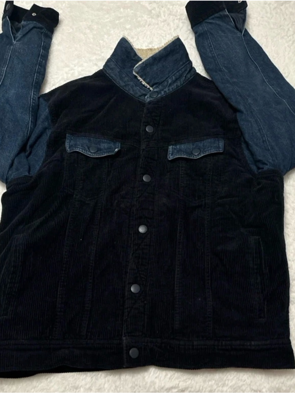 Buffalo David Bitton Black Corduroy Bomber Jacket with Blue Denim Sleeves